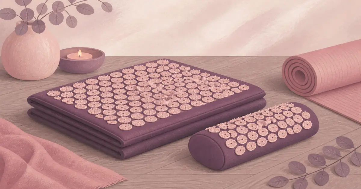 Flat illustration of an acupressure mat and neck pillow on a home recovery floor