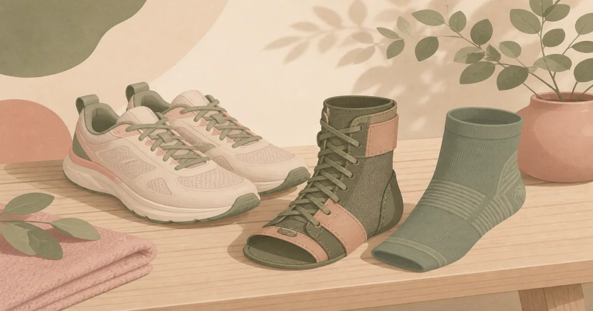 Lace-up ankle brace and compression ankle sleeve on a wood bench beside running shoes