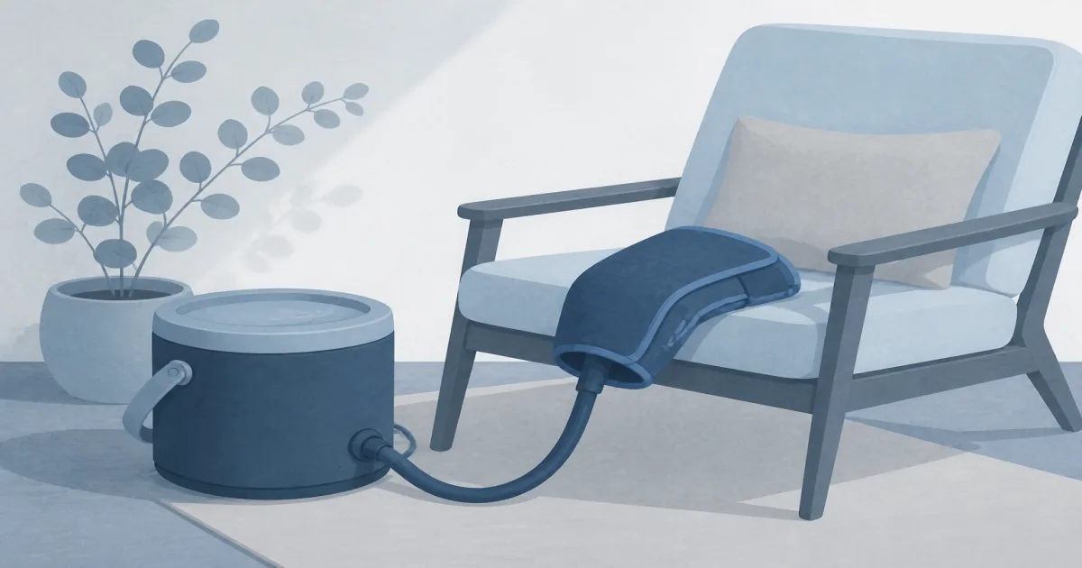 Flat illustration of a circulating cold therapy ice machine with a knee wrap beside a lounge chair