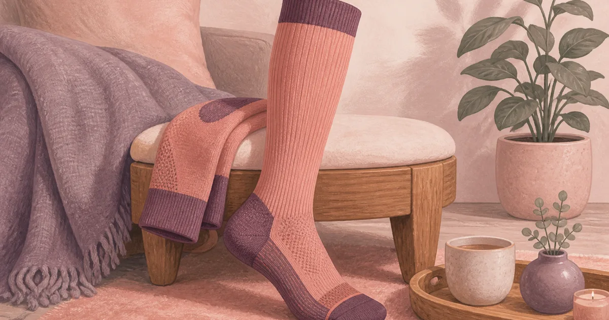 Flat illustration of knee-high compression socks on a home ottoman