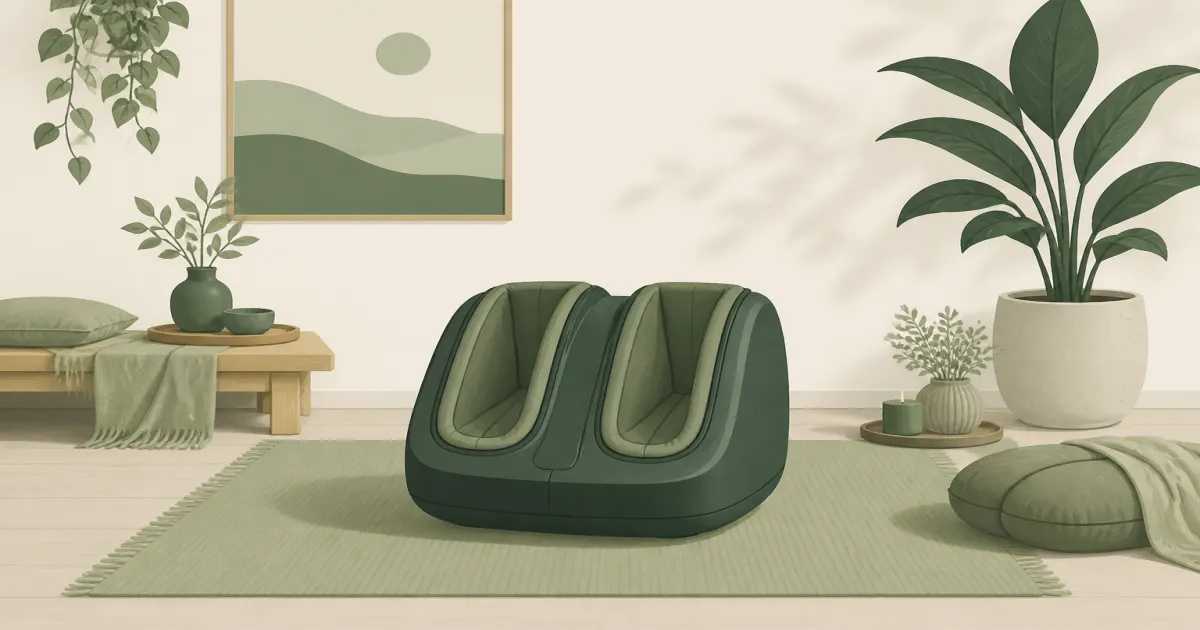 Flat illustration of a home shiatsu foot massager beside a lounge chair