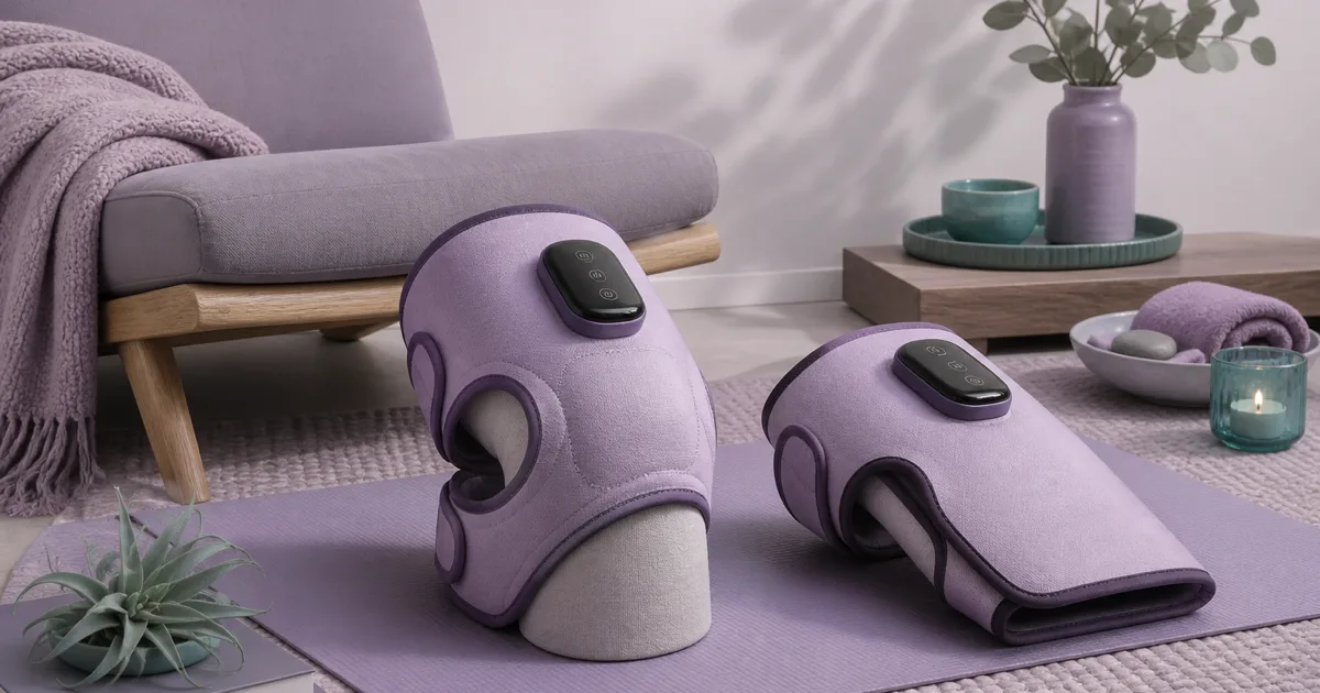 Flat illustration of two cordless knee massagers in a calm home recovery room