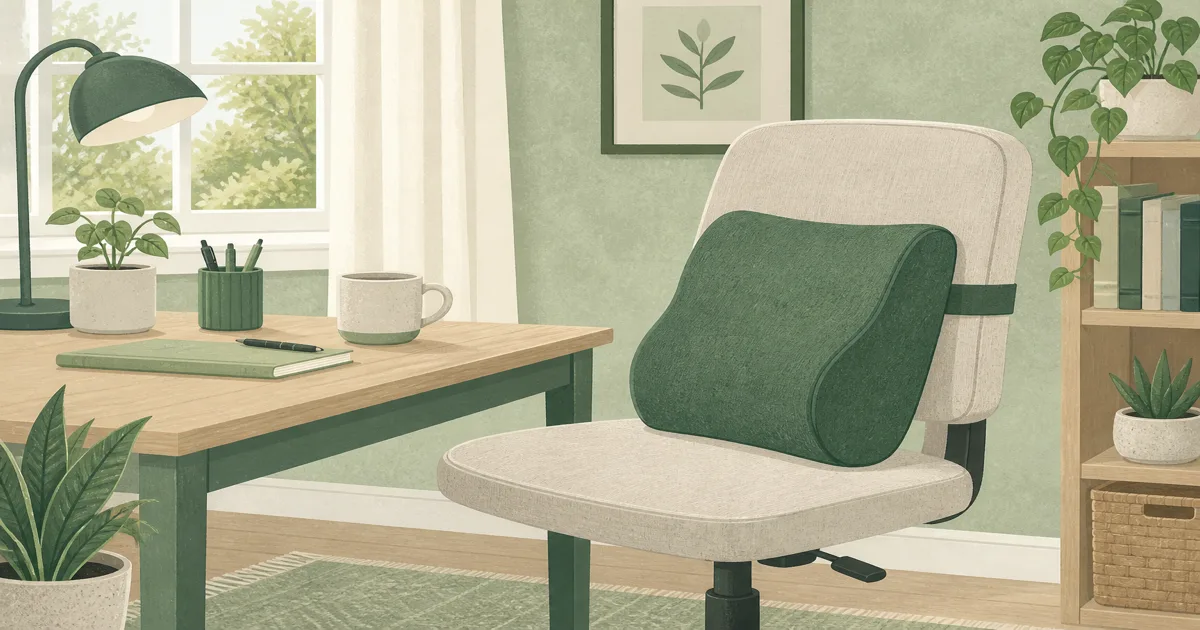 Flat illustration of a lumbar support pillow strapped to a desk chair