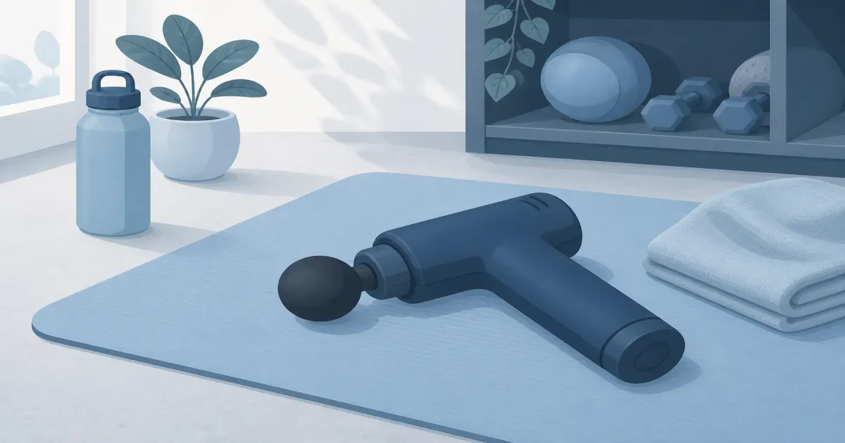 Flat illustration of a handheld percussion massage gun on a recovery mat