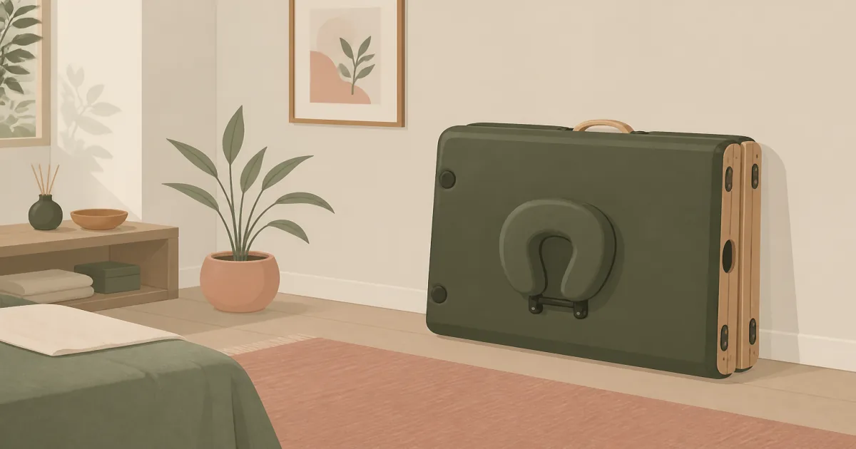 Flat illustration of a portable hardwood massage table with face cradle folded beside a calm spare-room wall