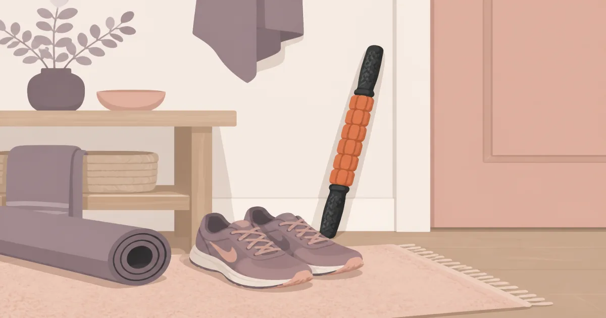 Flat illustration of an orange-and-black muscle roller stick leaning beside running shoes in a home entryway
