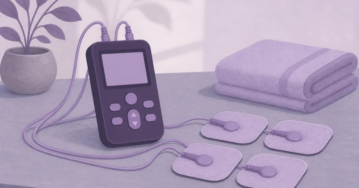 Flat illustration of a muscle stimulator control unit with four electrode pads