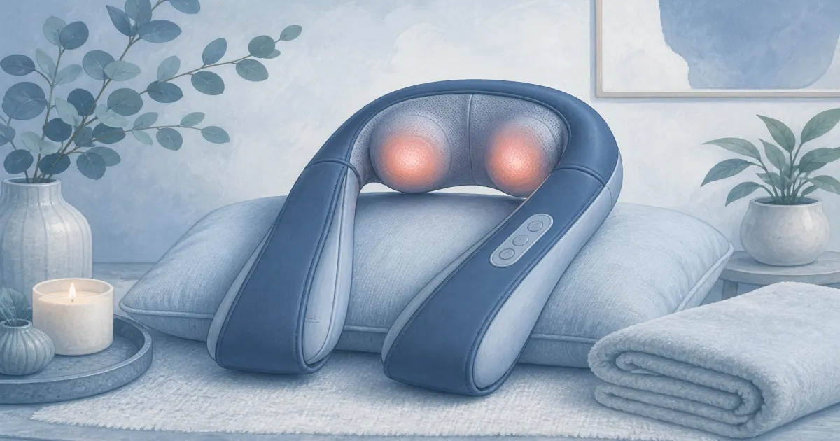 Flat illustration of a home neck and shoulder massager on a lounge cushion