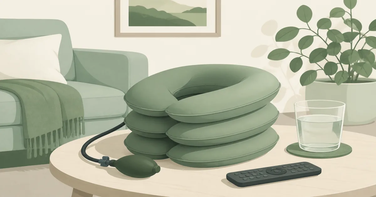 Flat illustration of an inflatable neck stretcher collar on a living-room side table beside a remote and water glass