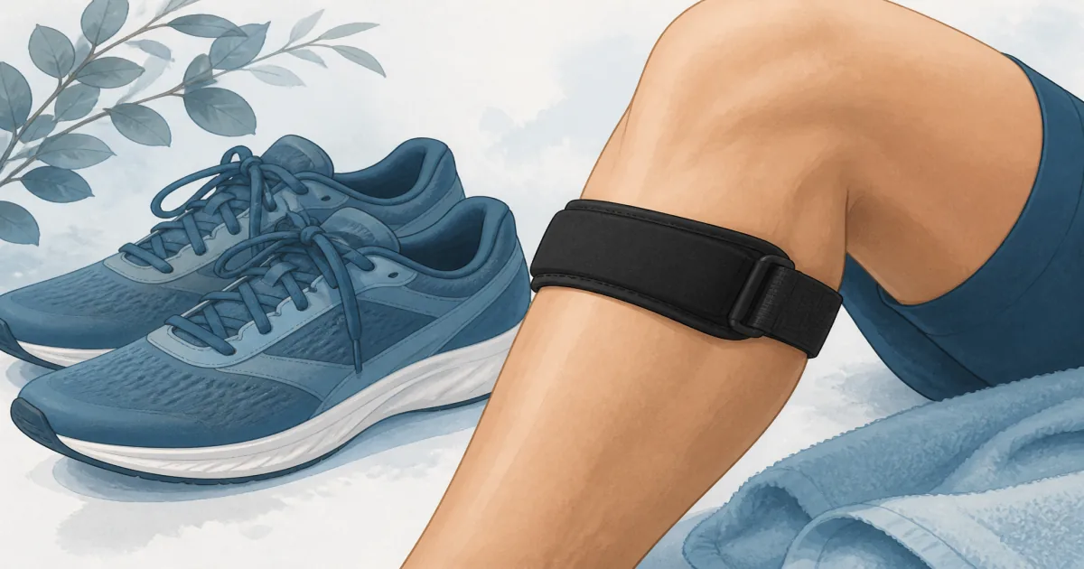 Close-up of an adjustable black patella tendon strap on an active knee beside running shoes