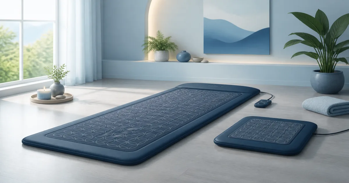 Flat illustration of a full-body PEMF mat and a smaller heating pad in a calm home recovery room