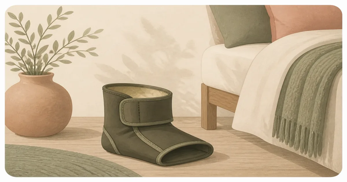 Soft plantar fasciitis night splint boot resting beside a bed on a wood floor