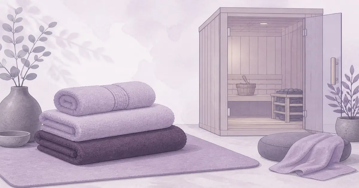 Flat illustration of stacked sauna towels beside a small home sauna cabin