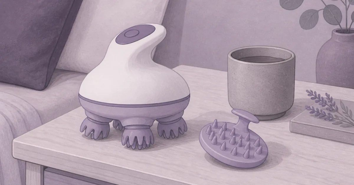 Flat illustration of a handheld electric scalp massager on a bedside table
