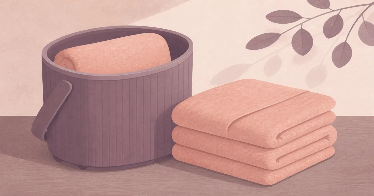 Flat illustration of a bucket towel warmer beside folded bath sheets in a calm bathroom