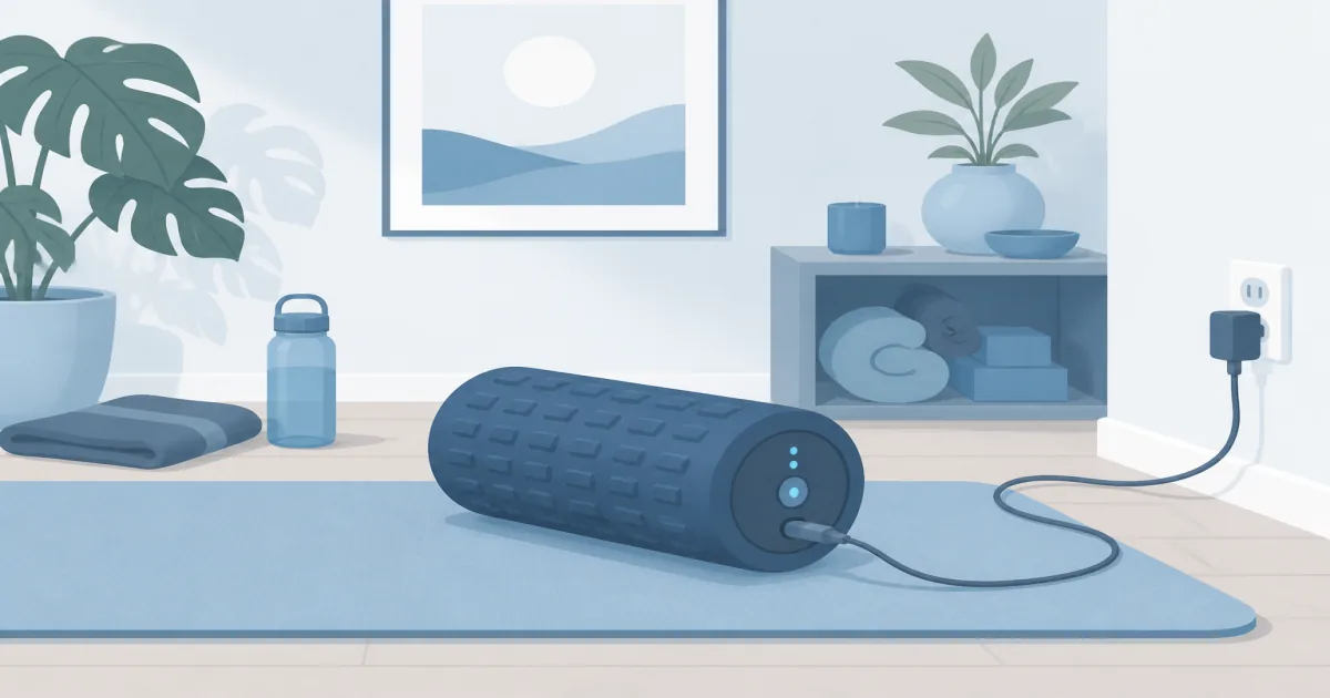 Flat illustration of a compact vibrating foam roller on a yoga mat next to a charger cable in a calm recovery corner