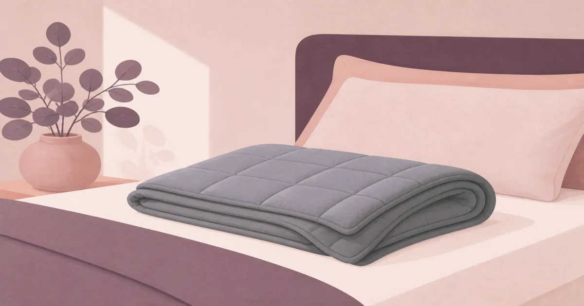 Flat illustration of a folded grey weighted blanket draped over a neatly made bed