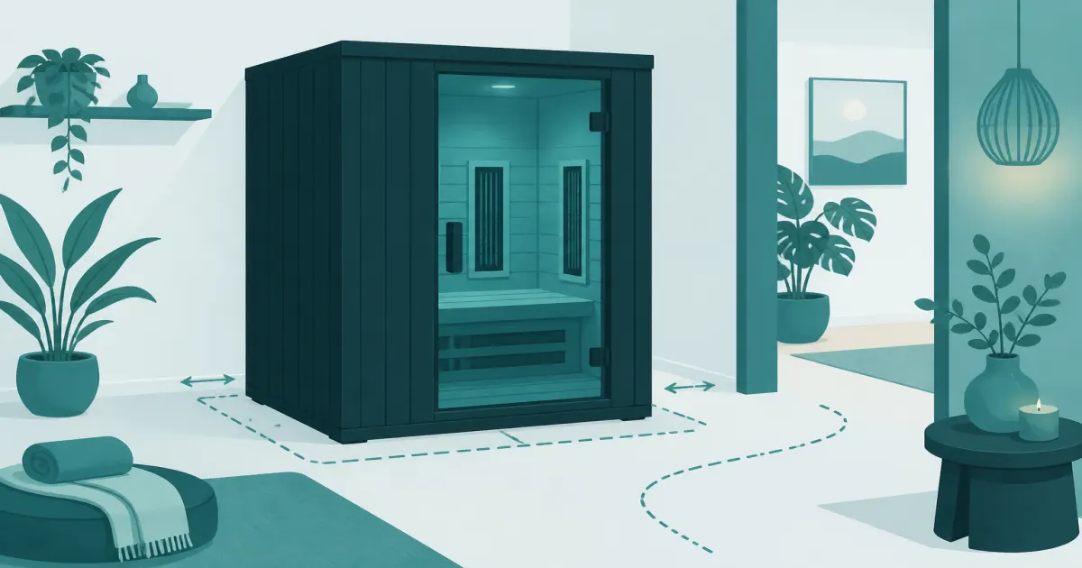 Flat illustration of an indoor infrared sauna cabin with floor clearance marks