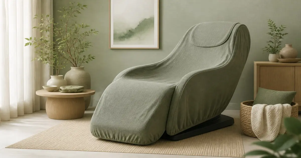 Flat illustration of a massage chair with a protective cover in a calm room