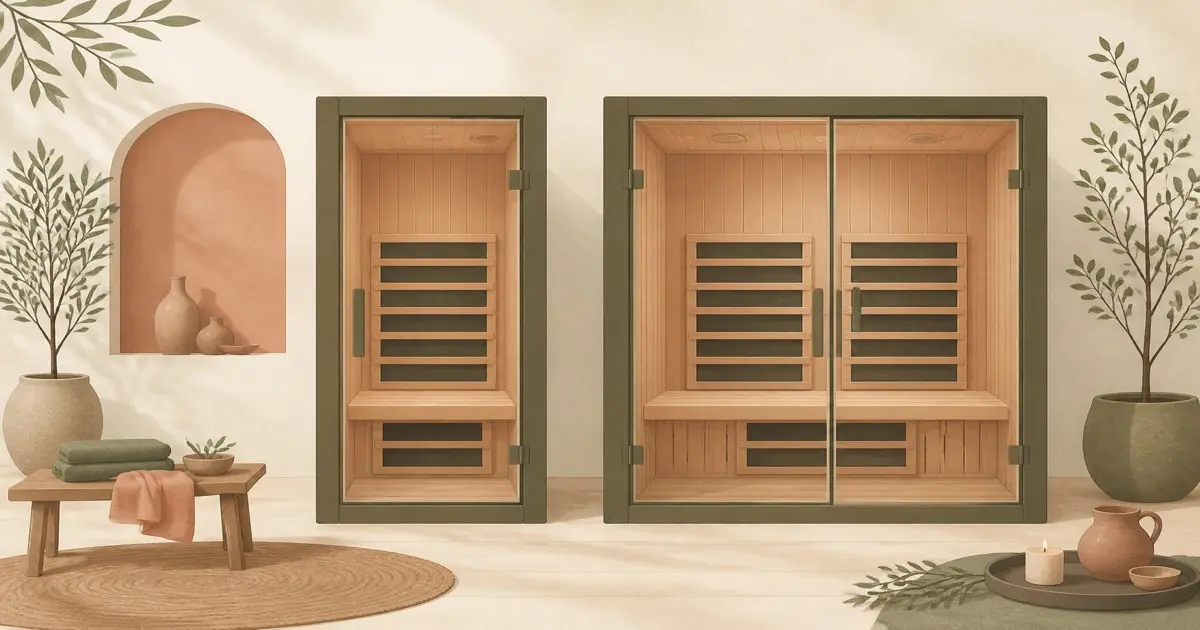 Flat illustration of one-person and two-person infrared sauna cabins side by side