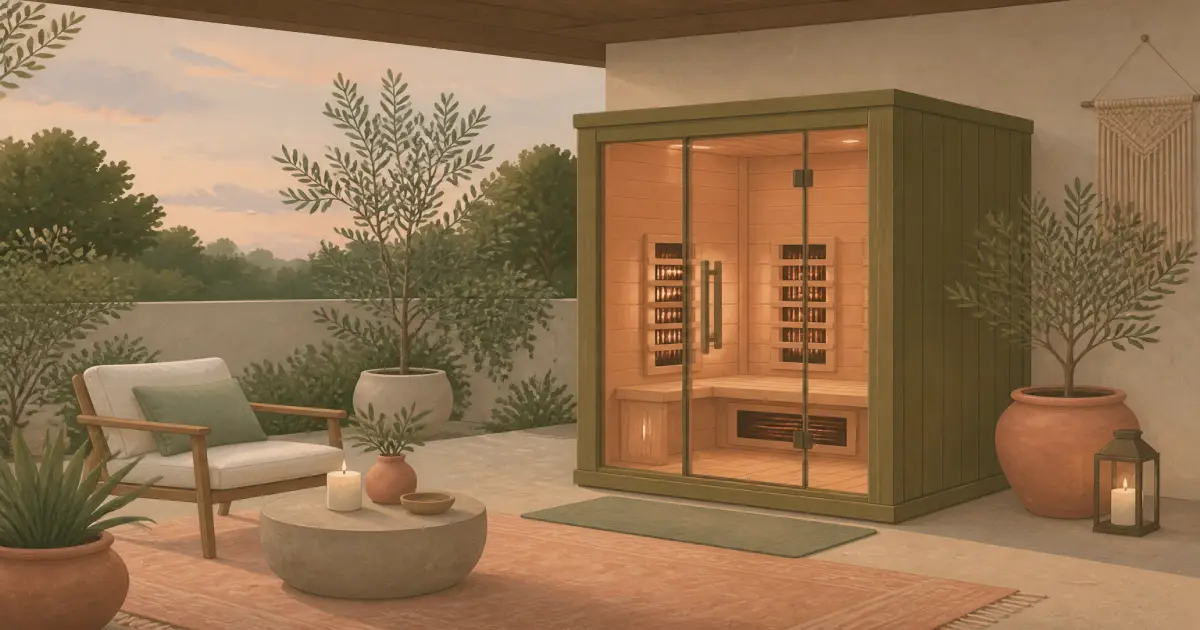 Flat illustration of a two-person infrared sauna cabin on a covered patio