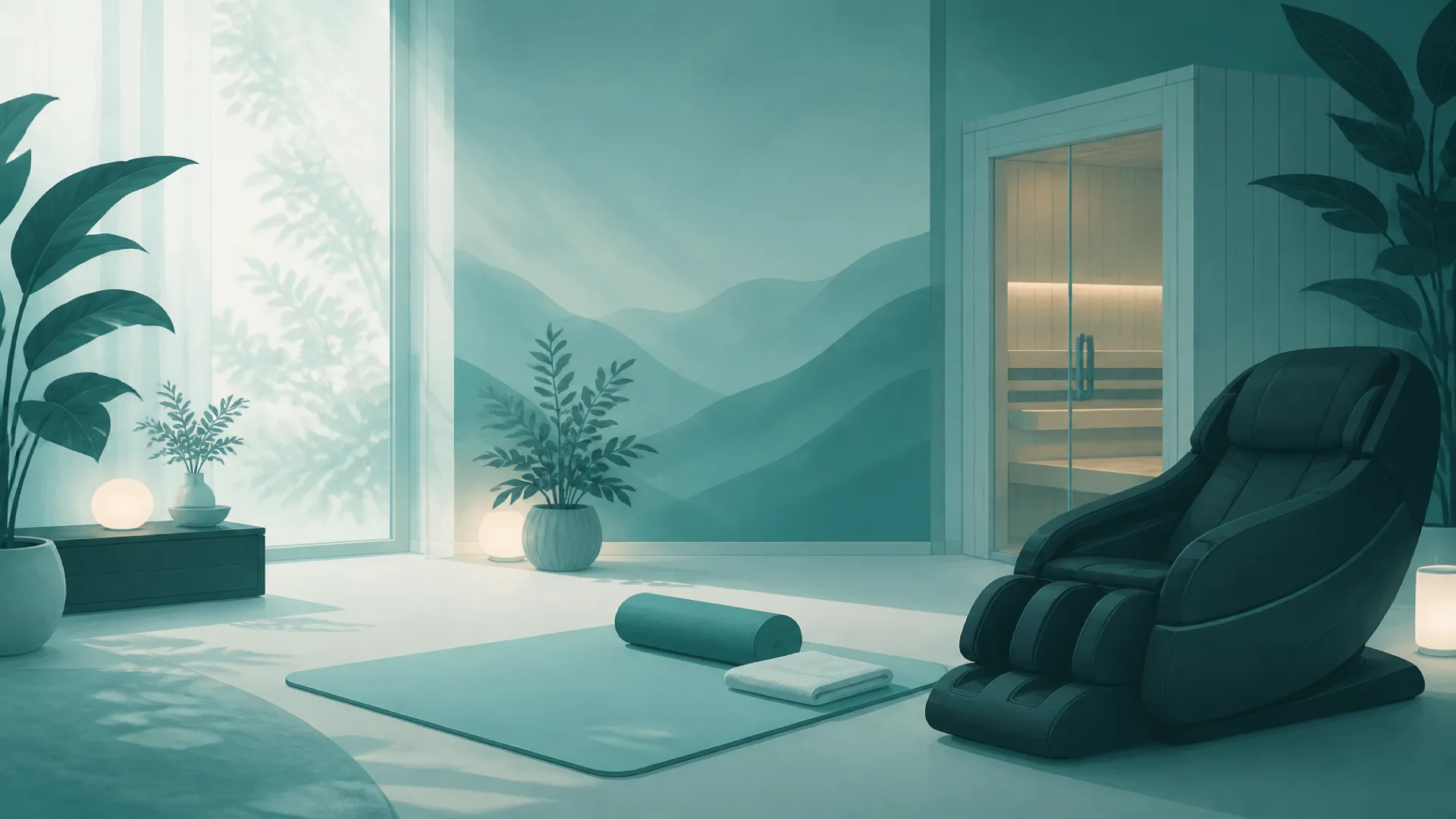 Calm recovery room with soft teal light and a lounge chair silhouette